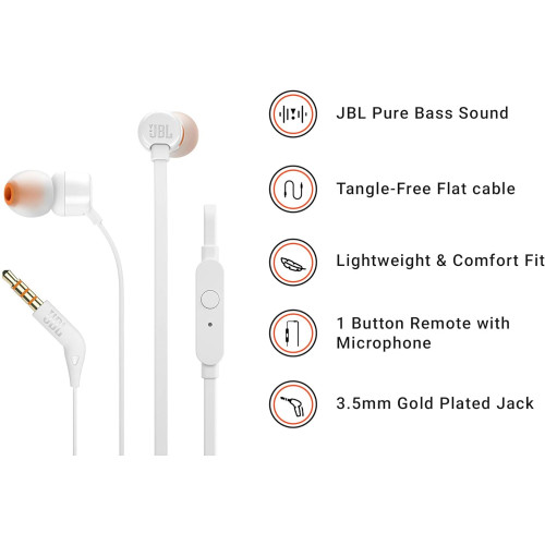 Слушалки JBL T160 in-Ear Headphones with Mic (White) - слушалки с микрофон - Бели