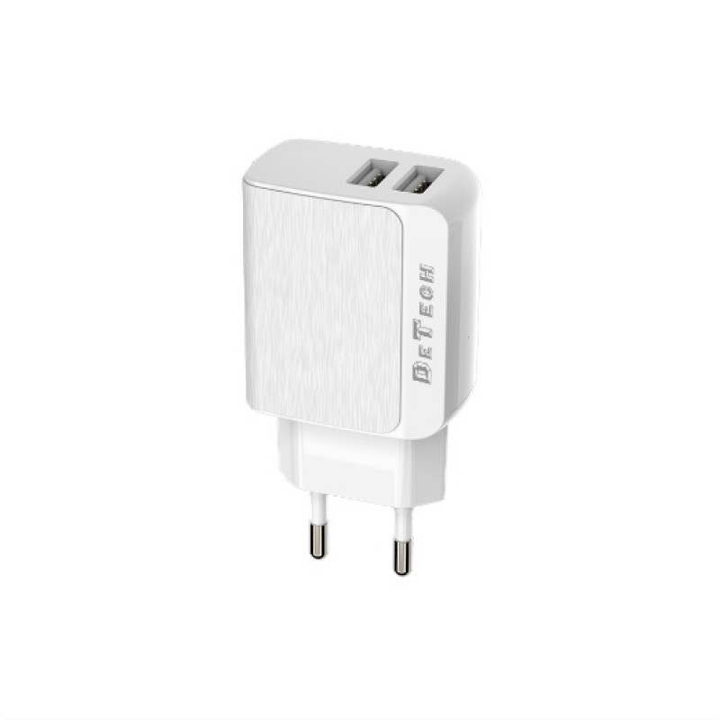 Зарядно устройство DeTech DE-09, 5V/2.5A, 2xUSB, бял